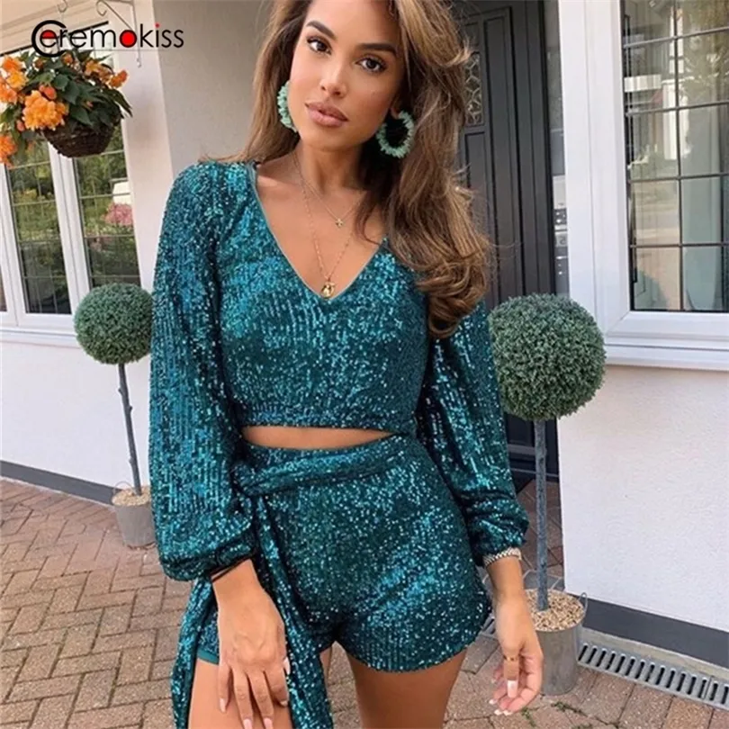 Ceremokiss Pailletten Outfits Zweiteilige Set Frauen Sparkle Glitter V-ausschnitt Crop Top Shorts Herbst Sexy Bandage Puff Sleeve Club Sets T200325