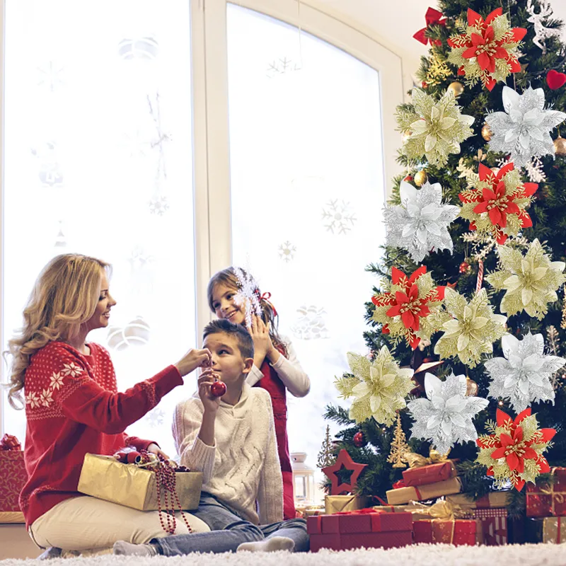 Glitter sztuczne świąteczne kwiaty ozdoby na drzewie Wesołych świątecznych dekoracji do domu noworoczne prezenty Navidad