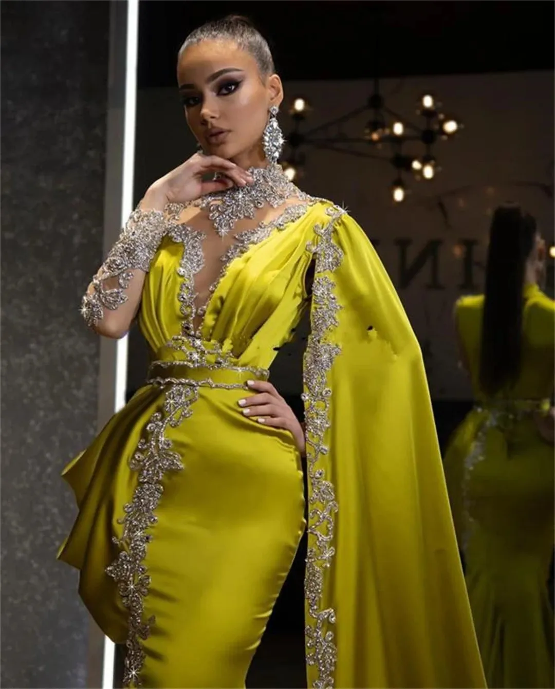 Arabic Lemon Green Mermaid yellow evening gown with Crystals, Long Sleeves, and Wrap - Perfect for Prom, Formal Parties, Pageants, Celebrities, Women,