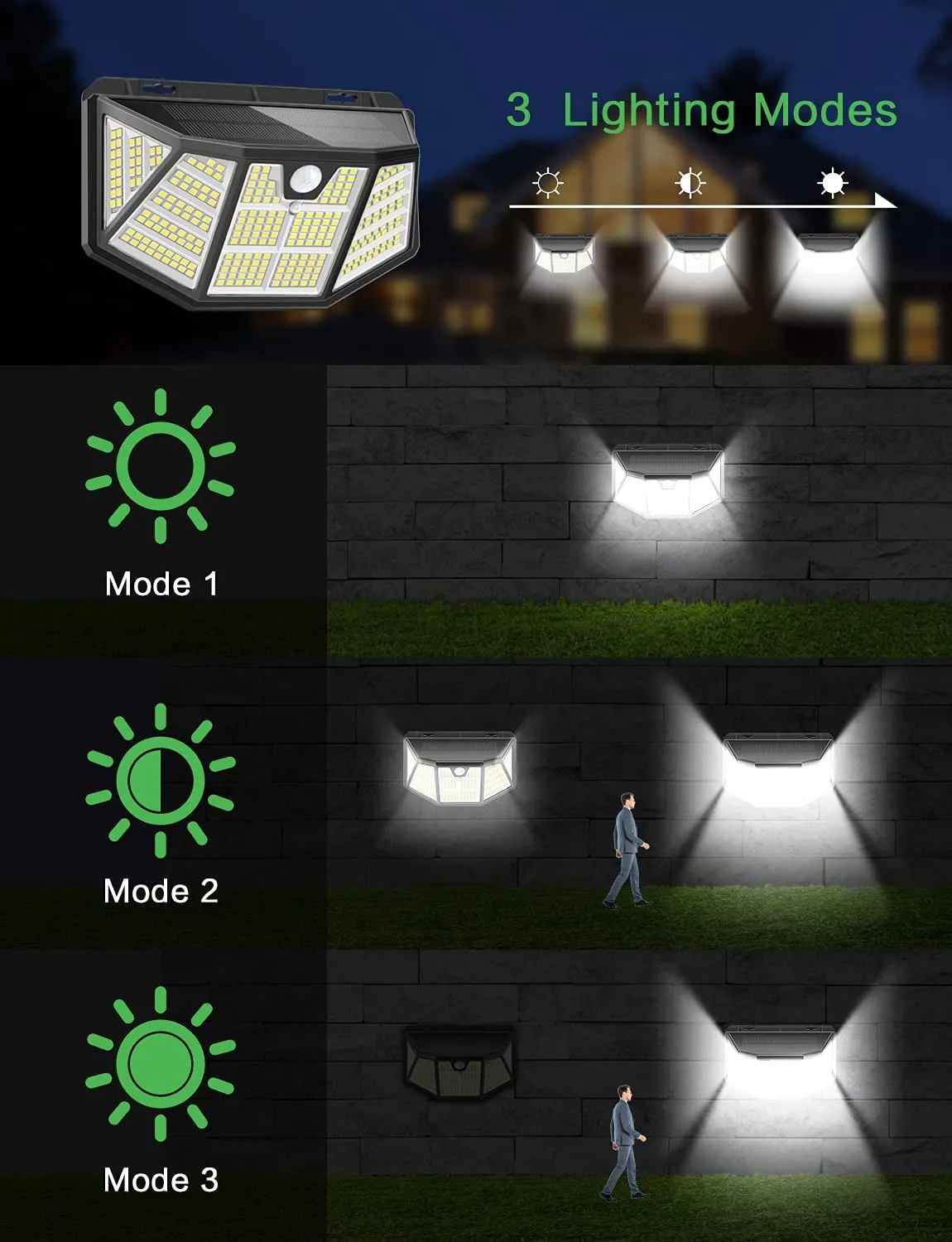 QYUN-Solar Lights Outdoor Motion Sensor - Solar Motion Detector Lamps Outside 238 Led 300 Angle Illumination 3 Lighting Modes Ip65 Waterproof Solar Pow