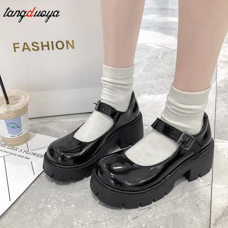 Damesplatform Heel Lolita schoenen Japanse stijl Mary Janes Vintage Girls High Heel Student Black Pumps