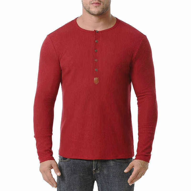 Mens Casual Button Henley Gömlek 2022 Sonbahar Yeni Waffle Pamuk Tişört Erkekler İnce Uygun Uzun Kollu İş İş Tişörtü Erkek Tees L220704