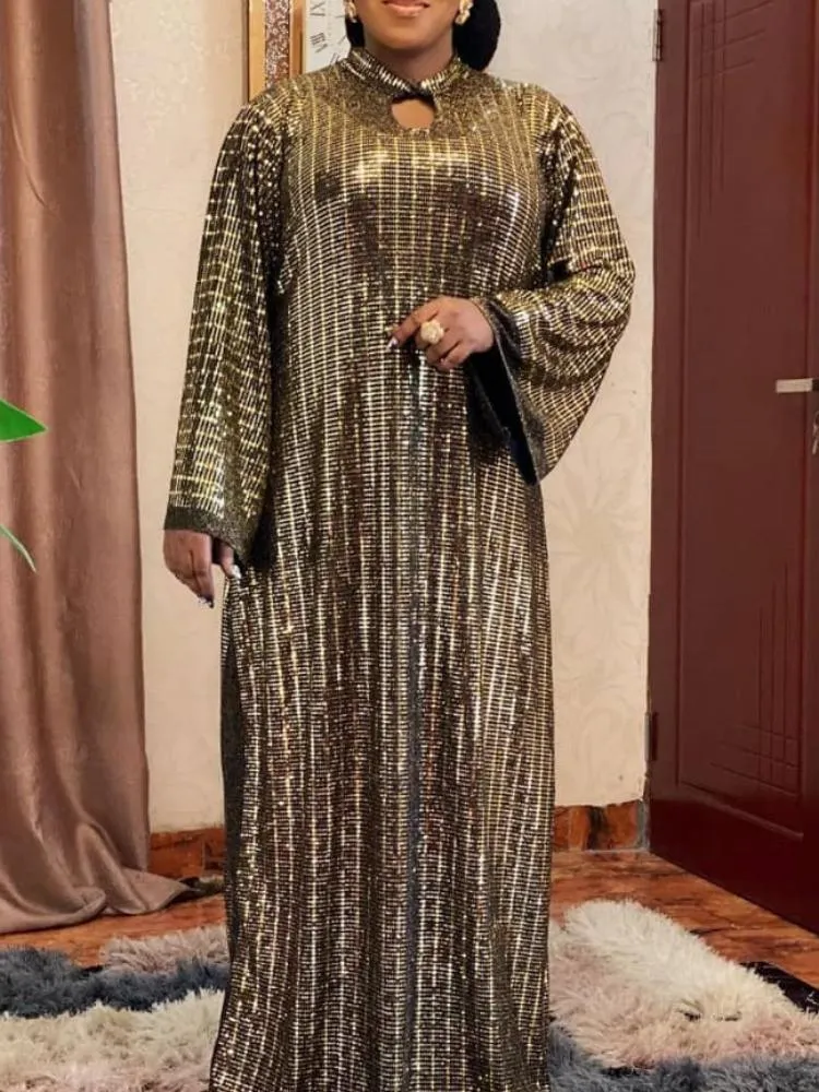 Повседневные платья женщины теряют платье с длинными рукавами блестящие кафтановые африканские модные событие