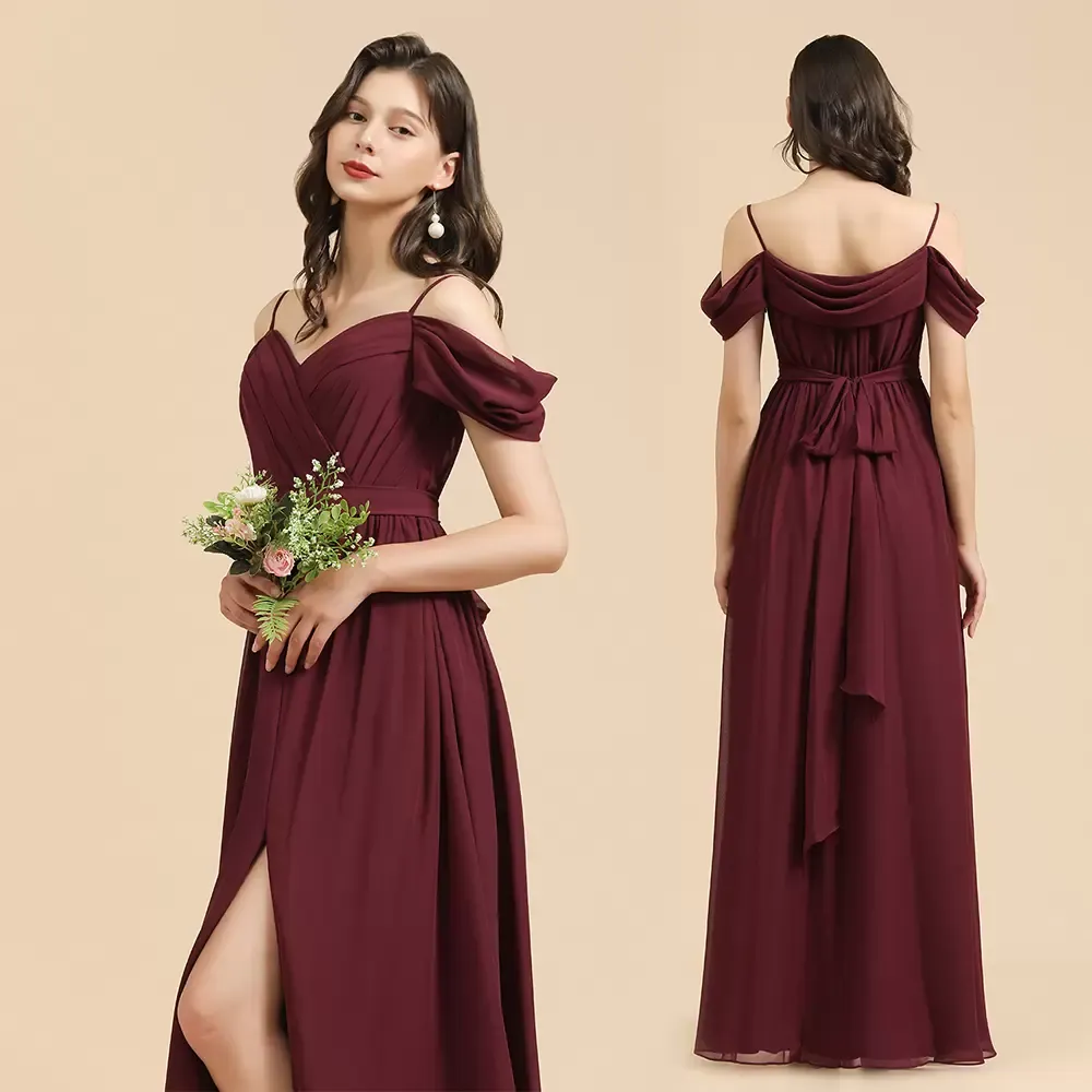 Bugundy Chiffon Bridesmaid Dresses Sexy Spaghetti Straps A-line splint length maid of Honor Vorts Summer Bohemian Wedding Dontal Sital Party Barty