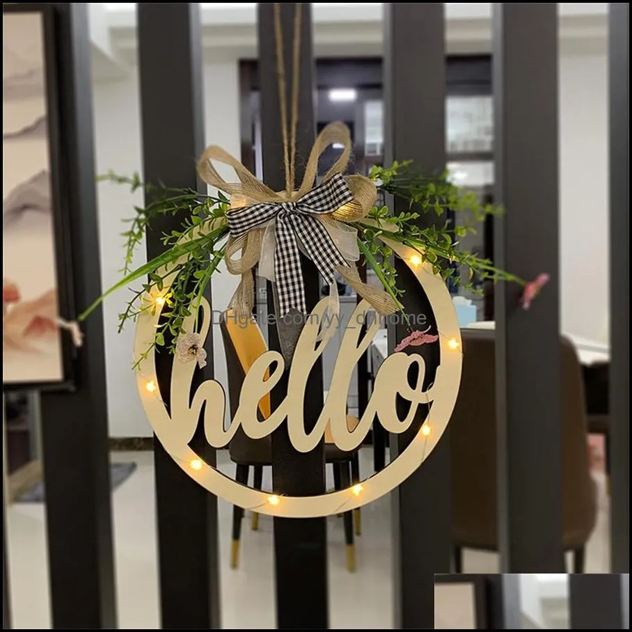 Other Home Decor New wooden crafts wreath door hanging decoration hanging pendant LED light hollow welcome sign