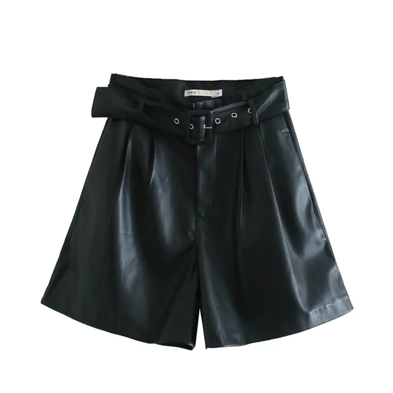 Vinterkvinnor Orange Color Pu Bermuda Shorts Faux Leather Belted Shorts 210302