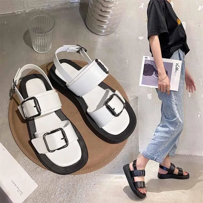 Sandals Women's 2022 Summer Fashion Platform Heel Buckle Women Shoes Open Toe Casual Flat White Sandalias De Las MujeresSandals