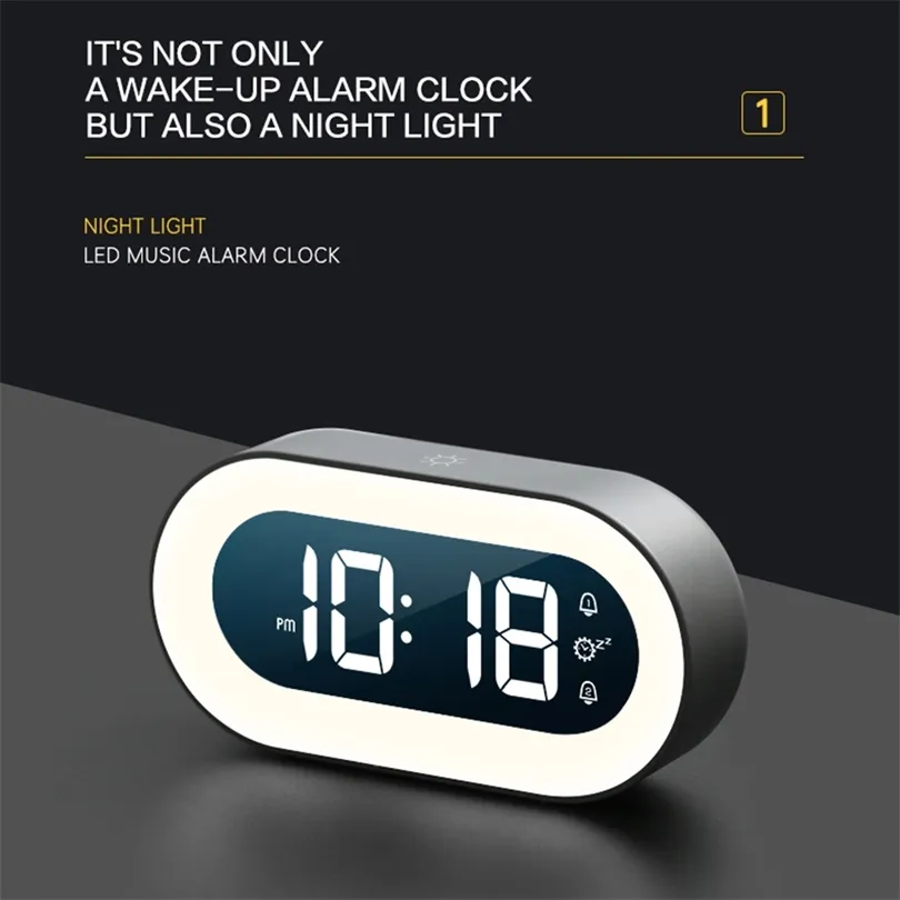 Music LED Digital Alarm Clock Voice Control Night Light Design Desktop Clocks Home Table Decoration Built-in 1200mAh Battery 220426