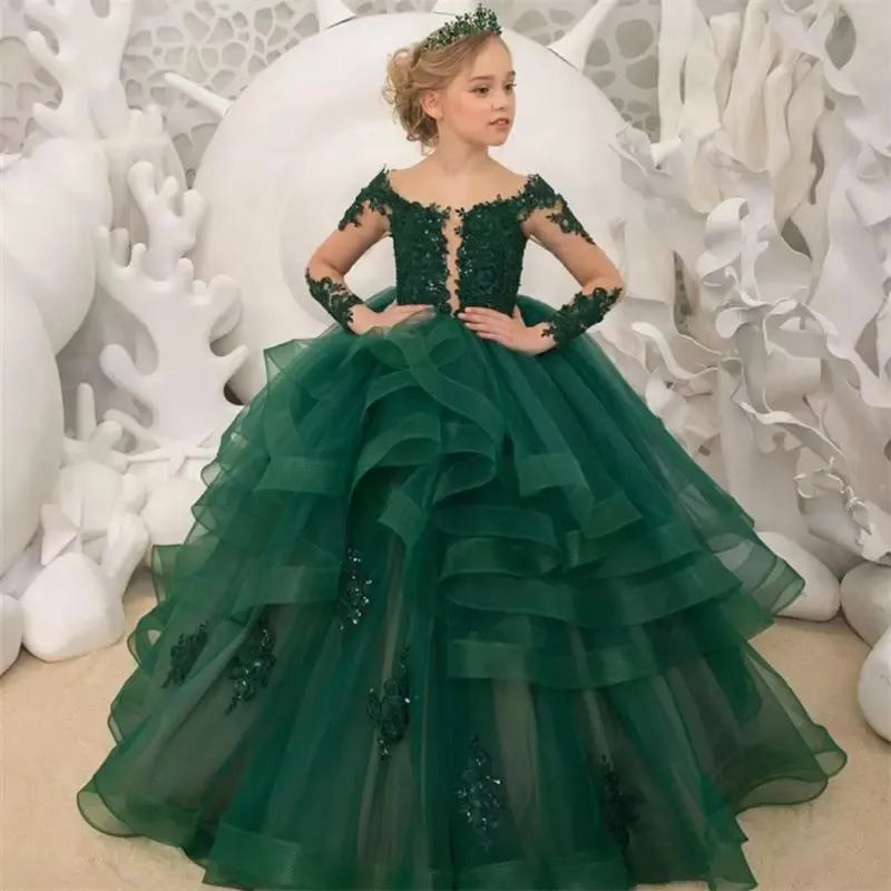 Superbes robes de fille de fleur verte scoop couche appliquée à manches longues perlées filles concours de concours