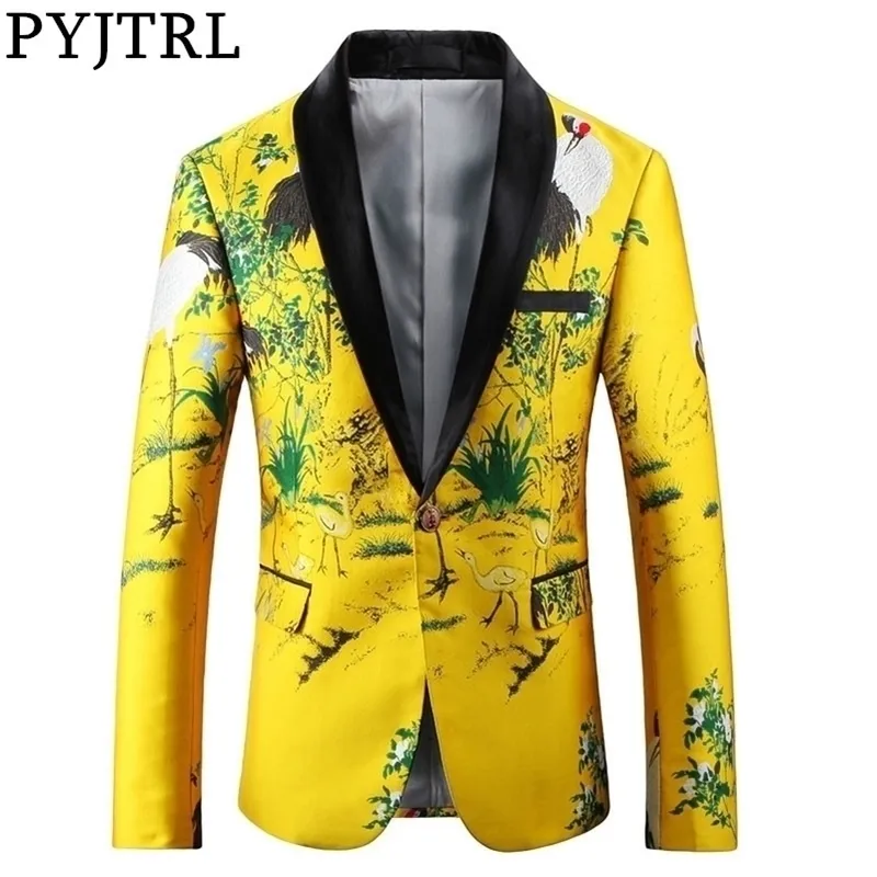Pyjtrl homens luxuosos jacquard amarelo ouro slim fit blazers estilo chinês moda moda casual jacket sinhers roupas 201104