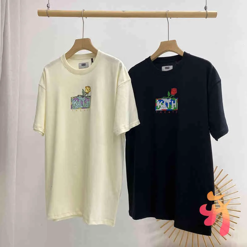 Kith Fabric T 셔츠 선물 패키지 대형 티셔츠 남성 여성 고품질 편지 꽃 패턴 짧은 슬리브 트렌드 캐주얼 커플 Tshirt6alq