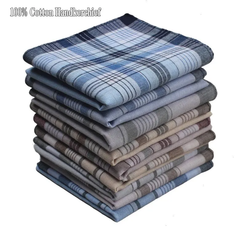 Pure Cotton Mens Plaid randiga fyrkantiga näsdukar Vintage Classic Pocket Sweat-Absorbent näsduk Nostalgia10pcs Lot