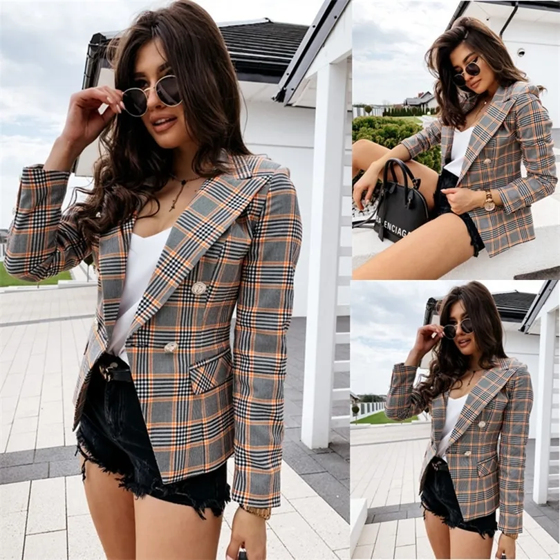 New Fashion Autumn Women Plaid Blazers And Jackets Work Office Lady Suit Slim Irregular Business Female Blazer Coat Talever 201105