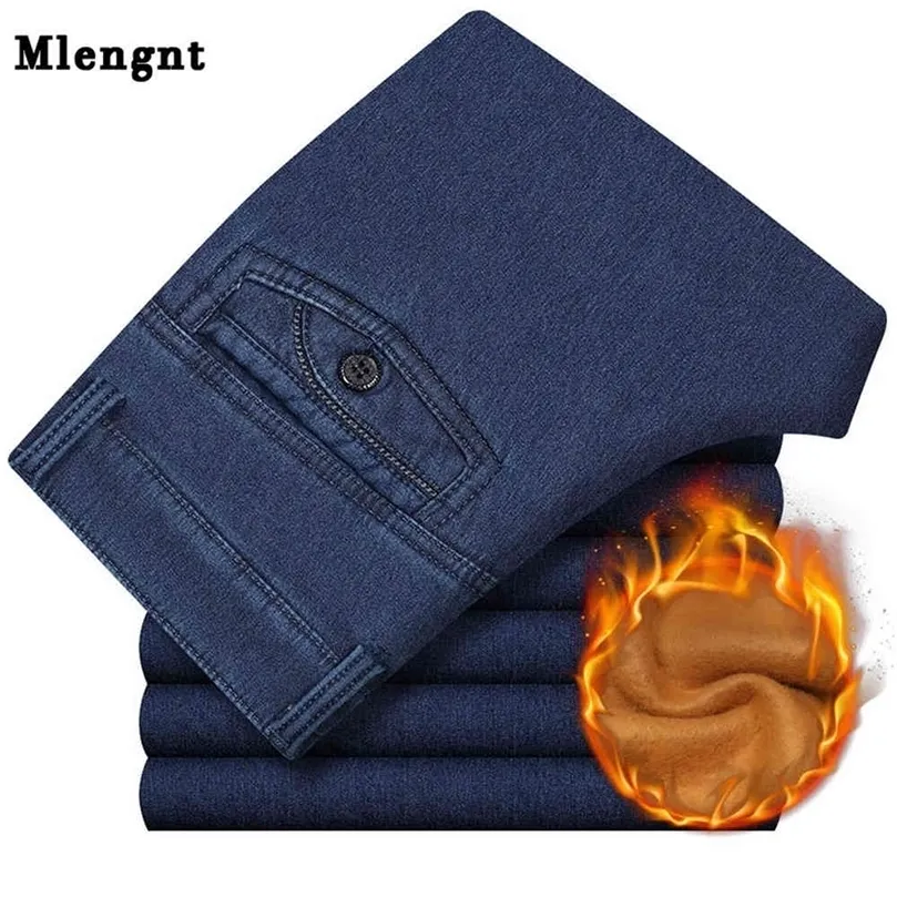 Big Size Classic Business Jeans för män Autumn Winter Manlig avslappnad hög kvalitet tjock fleece varm elastisk denim byxor storlek 30 44 210330