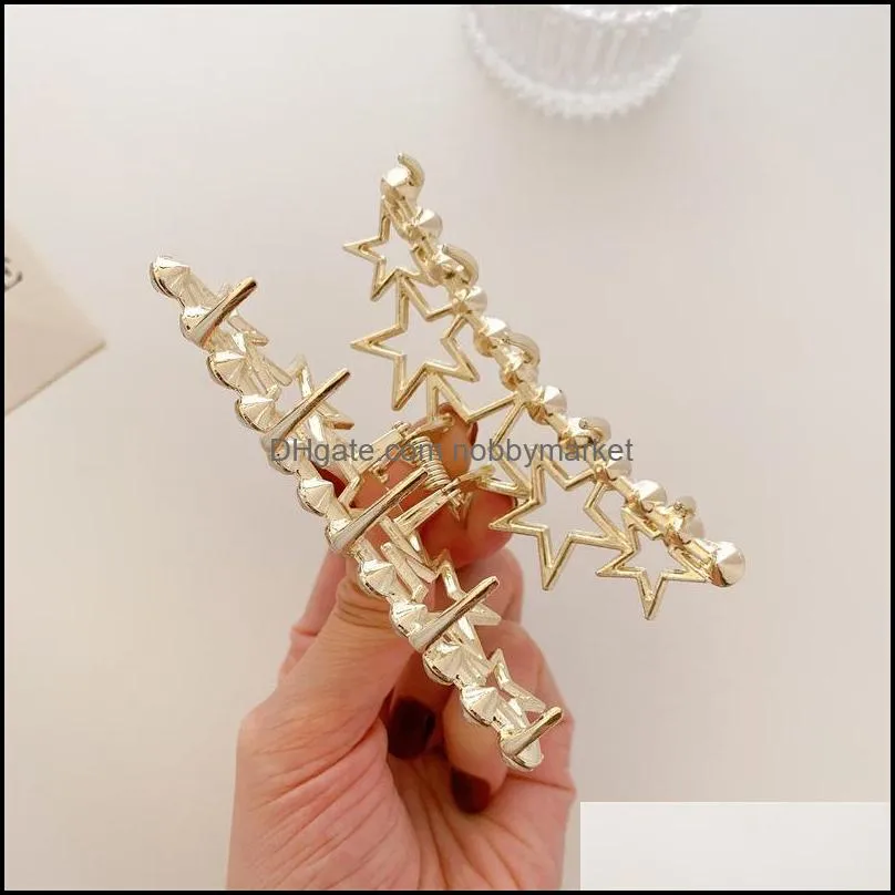 Girls Scrunchies Ponytail Clamps Alloy Five-pointed Star Pearl Crystal Hair Claw Length 9.2 CM Women Wash Shower Shark Gold Hairpins Jewelry
