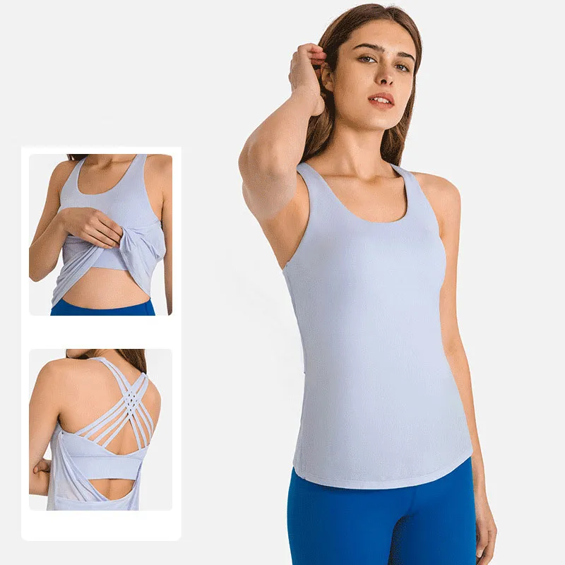 L-055 Tank Tops Yoga Shirt Blouse Fashion Breathable Thin Smock Two-Piece Flat Cross-Strap Sports Bra Women T-Shirts Running Fitness Clothes With Removable Chest Pad