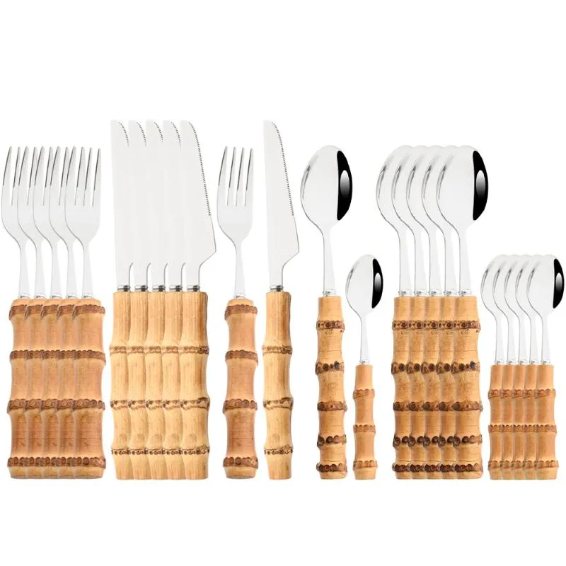 Dinnerware Sets Purely Natural Bamboo Handle Silver Cutlery Set 6/24Pcs Tableware Knife Spoon Fork Flatware Stainless Steel SetDinnerware