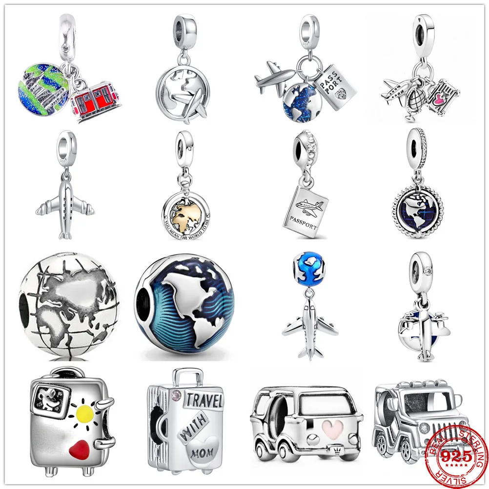 925 Silver Fit Pandora Charm 925 Bracelet Suitcale Airplane Sath Charms Set Подвеска Diy мелкие шарики украшения