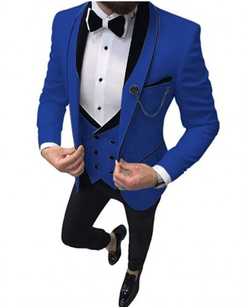 Brand New Royal Blue Groom Tuxedos Shawl Lapel Slim Fit Groomsmen Wedding Dress Excellent Man Jacket Blazer 3 Piece Suit Jacket Pants Vest Tie 1294