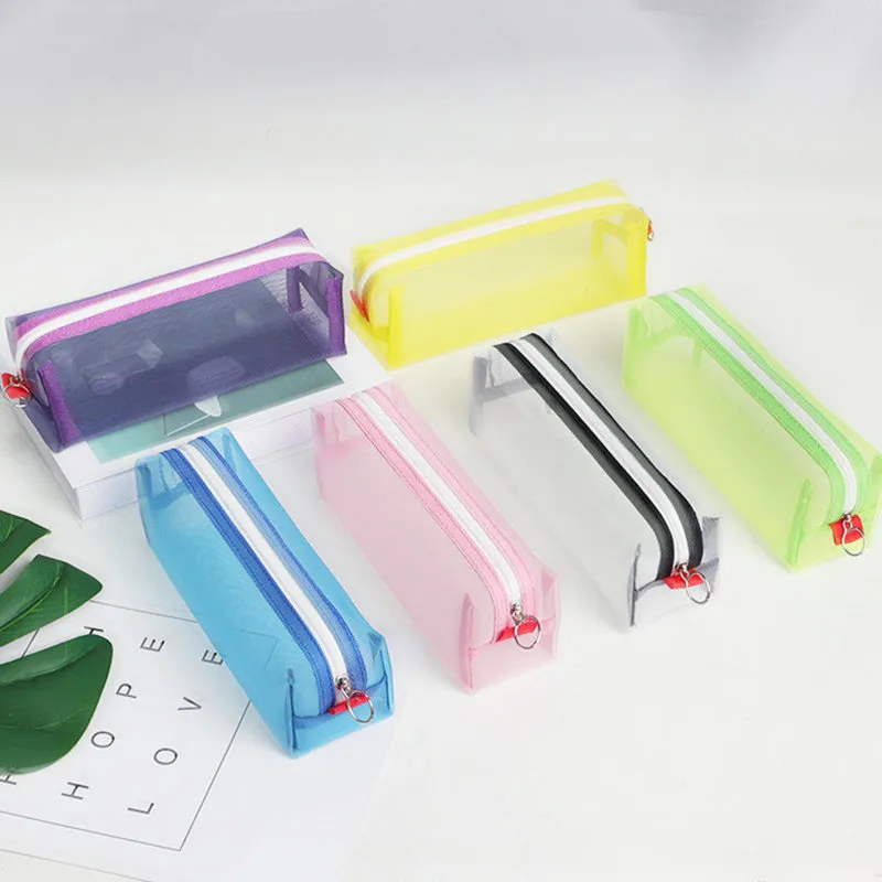 Transparante mesh rits potloodzak grote capaciteit nylon pen kast zak vaste kleur briefpapier cases voor studentenschool benodigdheden opbergzakken 2022