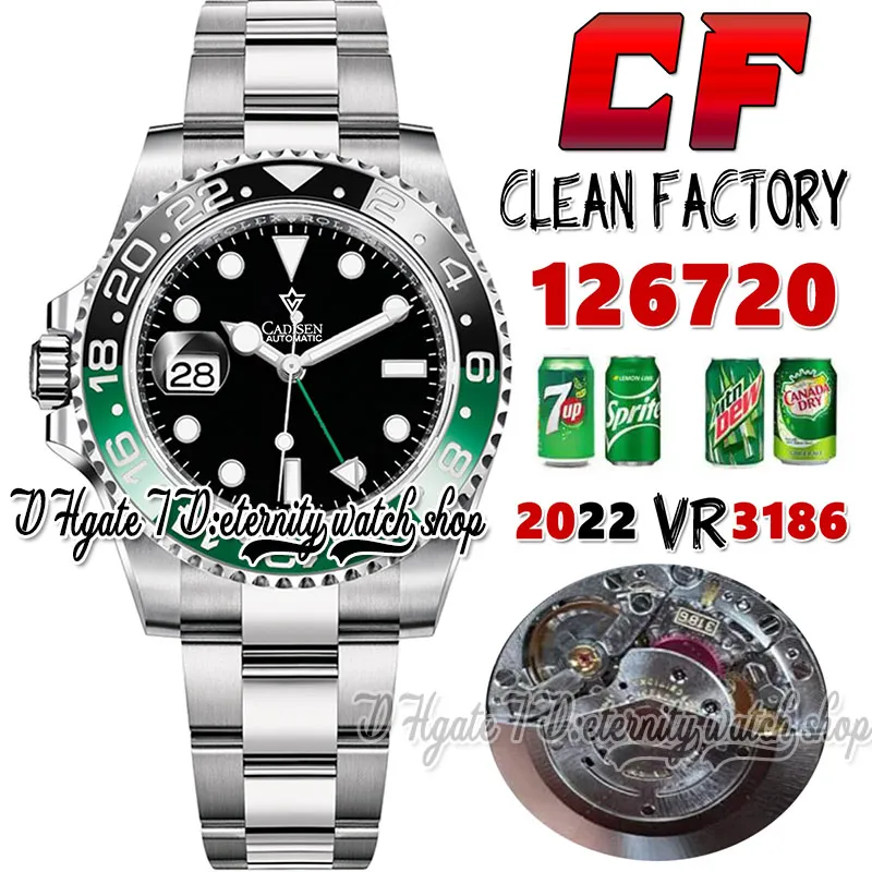 Clean CF GMT II cf126720 VR3186 Relógio masculino automático Sprite Preto Verde Cerâmica Moldura 904L OysterSteel Bracelet Mão esquerda Mesmo cartão de série Super eternidade Relógios