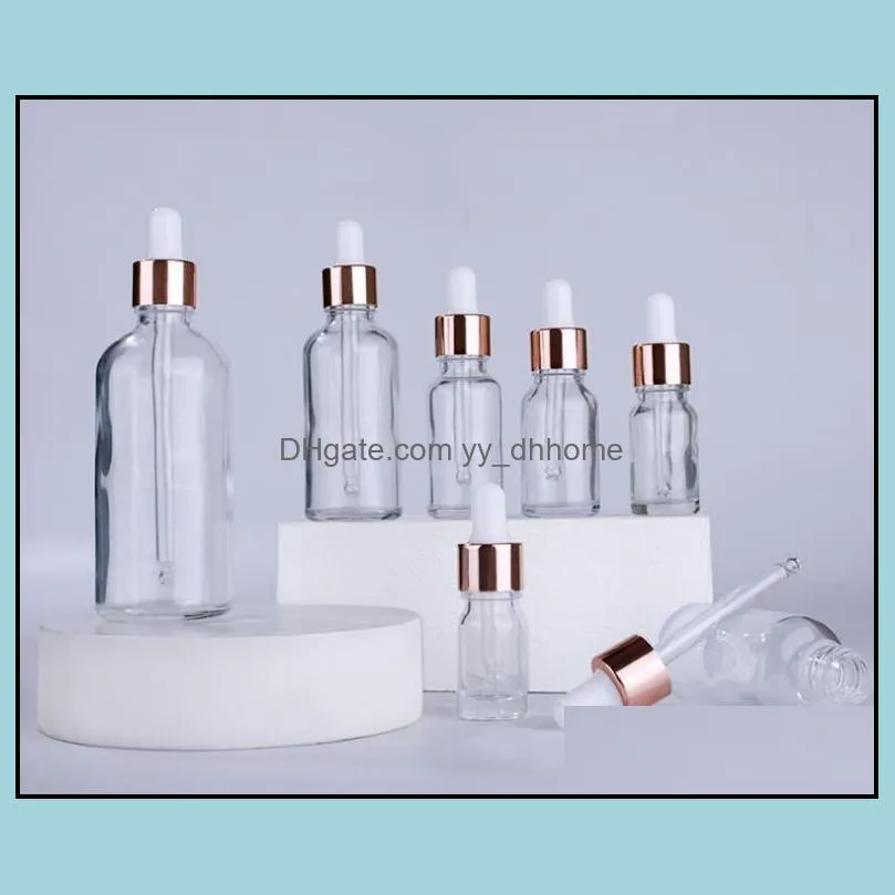 wholesale clear serum glass dropper bottles 5ml 10ml 15ml 20ml 30ml 50ml 100ml with rose gold lid for essential oils sn4517