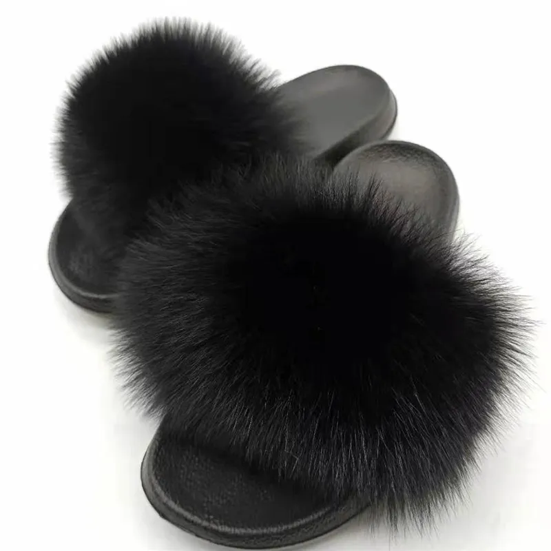 Женщины меховые тапочки настоящие меховые скольжения Ladys Furry Indoor Flip Flop Plush Fluffy Slippers Drop Murs Slides Y200107