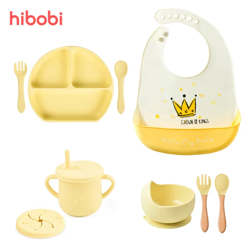 4 6 8 PCS Baby Soft Silicone Bib Cartoon Printed Bibs Sucker Bowl Plate Cup Spoon Fork Sets Non slip Children s Dishes BPA Free 220708