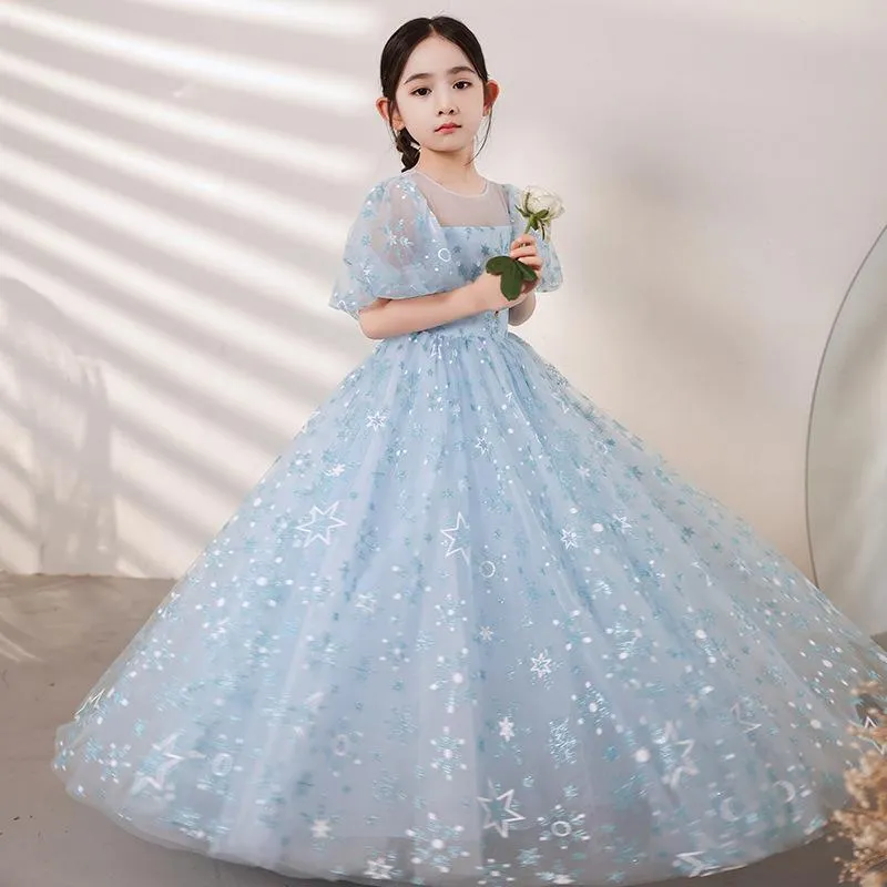 Flickans klänningar Kids Girl Elegant Long Prom Blue Tulle klänningar paljett barn examen klänning tonåring bröllop brudtärna prinsessor mantel