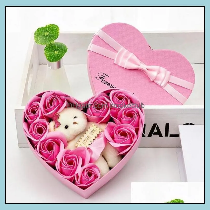 Fedex 10 Flowers Soap Flower Gift Rose Box Bears Bouquet for 2022 Valentines Day Wedding Decoration Gift Festival Heart-shaped Box