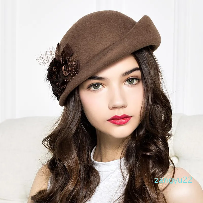 Boinas 100% de lã Felta Mulheres outono e de inverno Galze Flor Formal Hat Banquet Grace Woolen Hatsberets