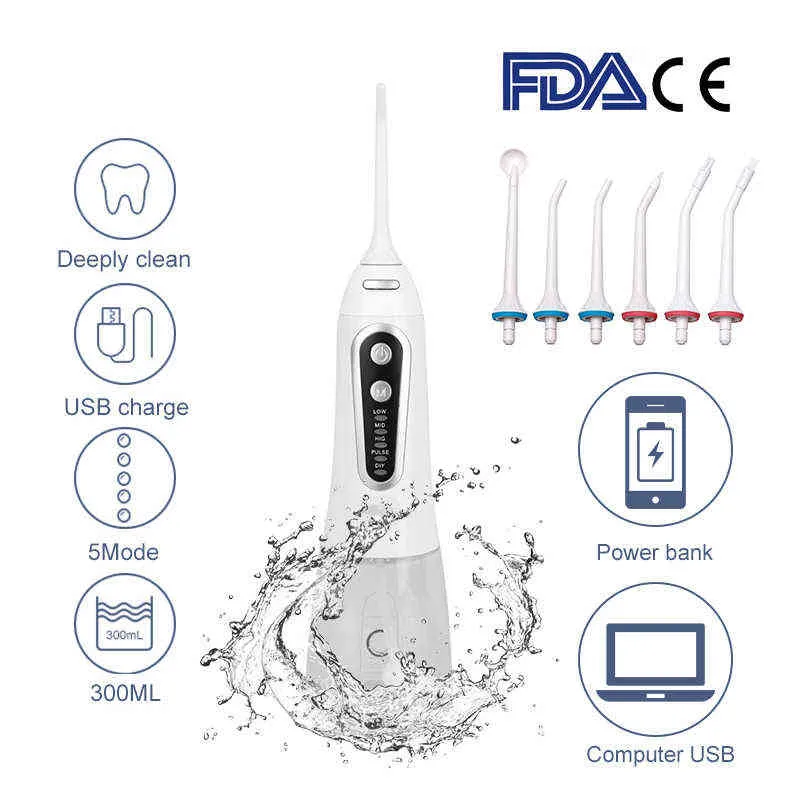 5 modalità Irrigatore orale Filo interdentale Portatile Flosser dentale Jet 300ml Detergente per denti + 6 Dropshipping 220513