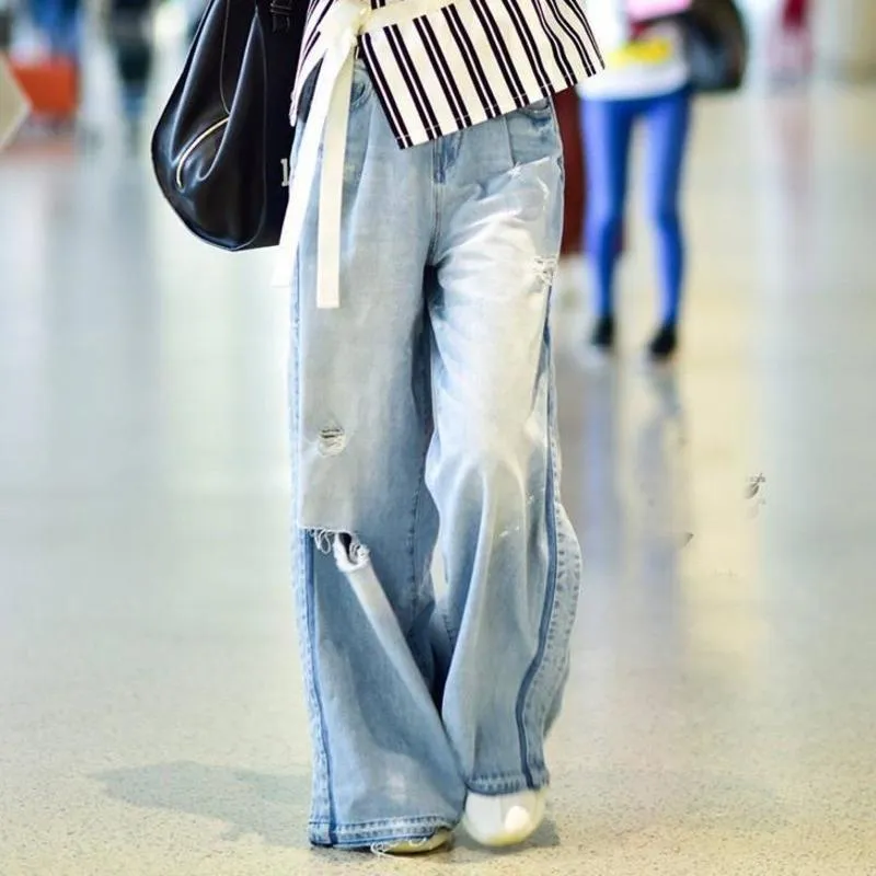 Femmes Mode Vintage Taille Haute Trou Pur Denim Droite Jambe Large Style Lâche Extensible Déchiré Jeans Droit J190425