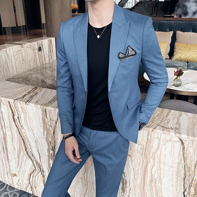 Nouveaux hommes costumes pour mariage marié smoking bleu clair pointe revers affaires Blazer veste pantalon 2 pièces pour homme 03