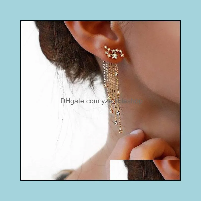 Gold Silver Sparkly Star Fringed Back Pendant with Delicate Stud Earrings Chain Tassel Earring Jewelry for Womnen Girls