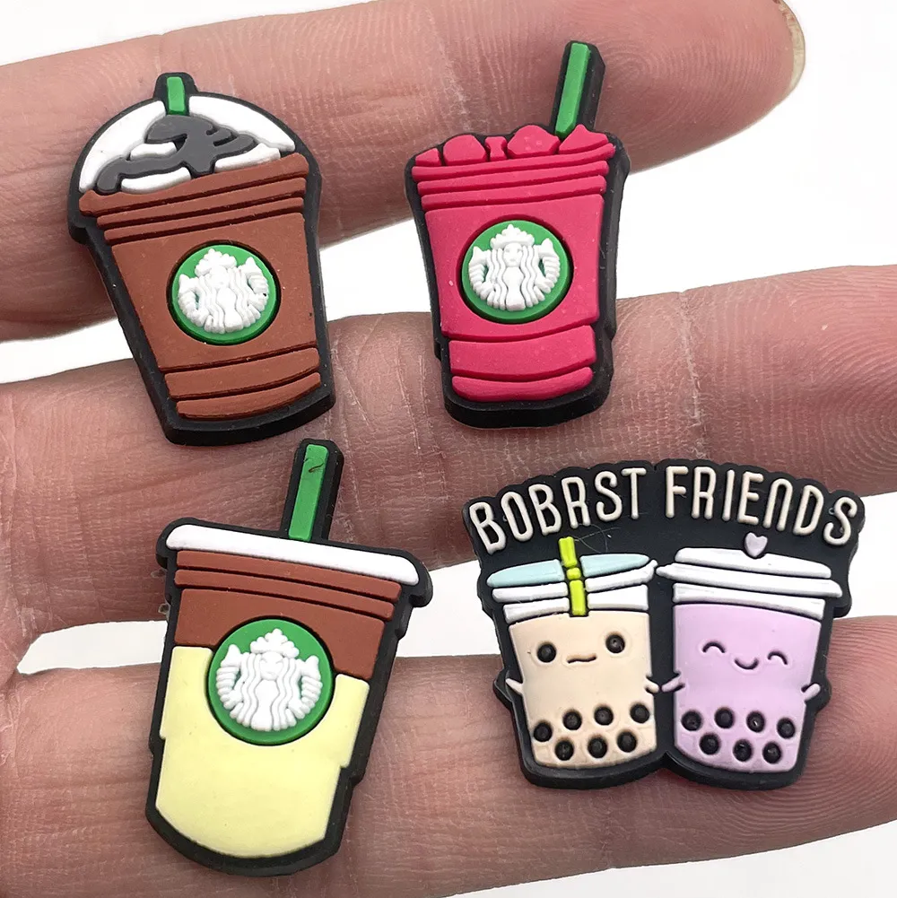 1Pcs PVC Coffee Bottle Drink Fries Shoe Decorations Garden Shoes Accessories Fit Wristbands Croc Jibz Charm Kids Party Present