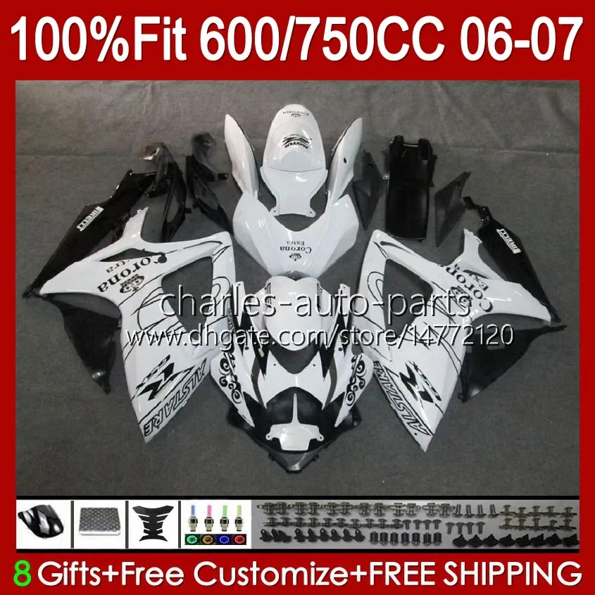 OEM Body for Suzuki Glossy White GSXR-600 GSXR750 K6 GSX-R750 06-07 Bodywork 130NO.18 GSXR 750CC 600CC 750 600 CC GSXR600 06 07 GSXR-750 2006 2007 Injektionsgjutning