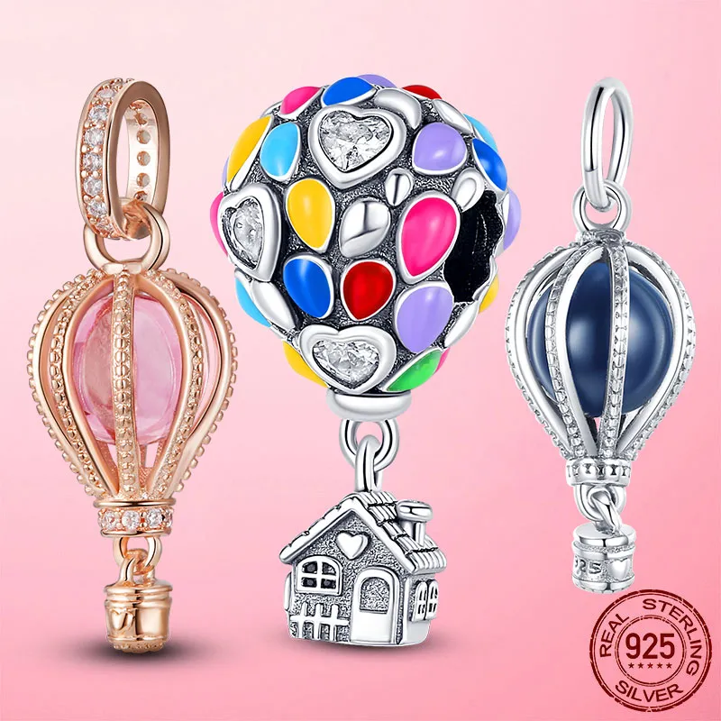 925 Gümüş Fit Pandora Charm 925 Bilezik CZ Mavi Pembe Hava Balonu Sehşet Set Kolye Diy İnce Boncuk Takıları