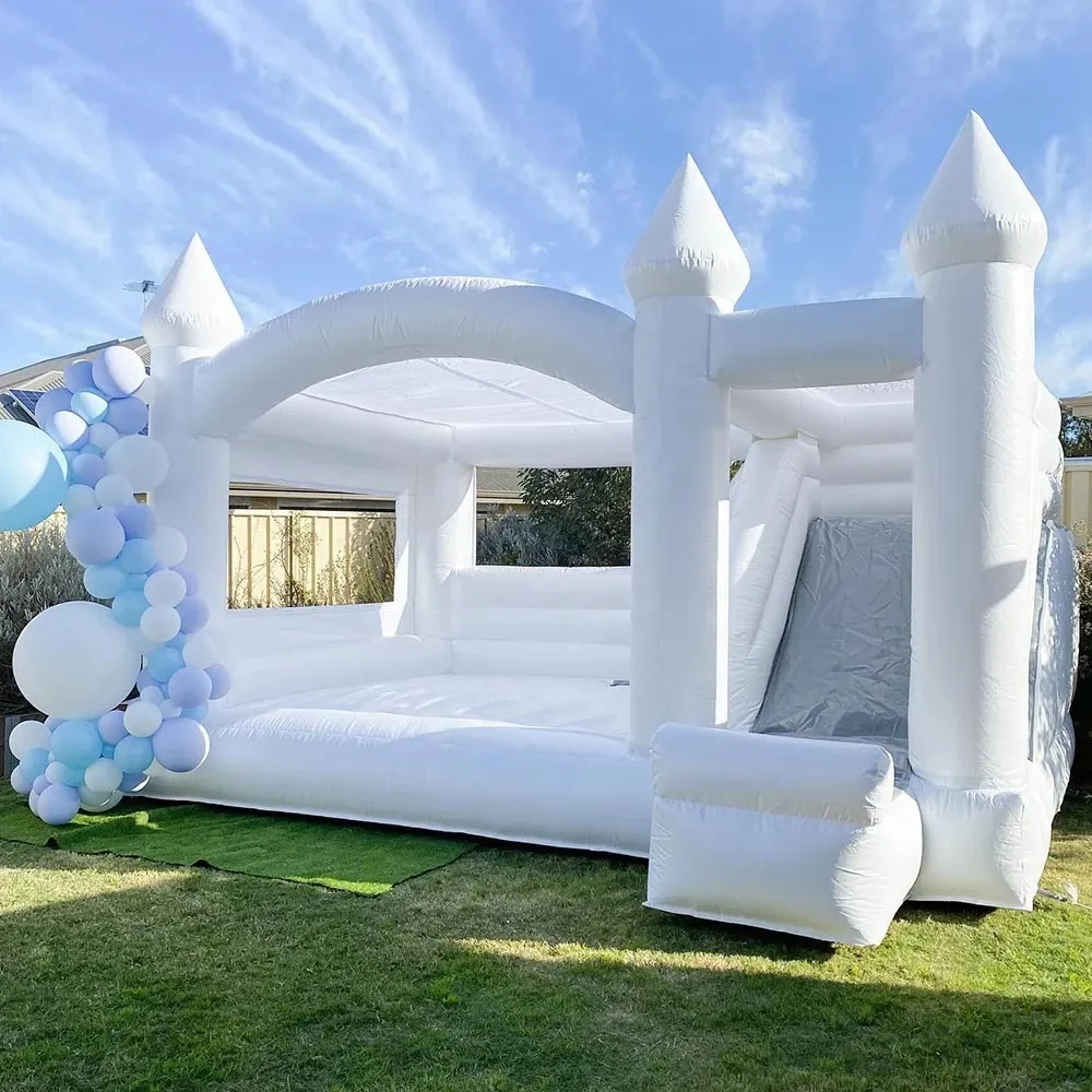 Vitt uppblåsbart studsslott med Slide Commercial Wedding Bounce House Combo for Kids Backyard Luxury Outdoor Game251e