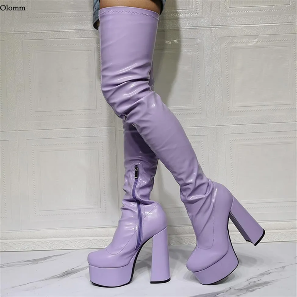Rontic New Arrival Women Platform Thigh Boots Hoof Heels Round Toe Gorgeous Violet Pink Black Party Shoes Women Plus US Size 5-20218f