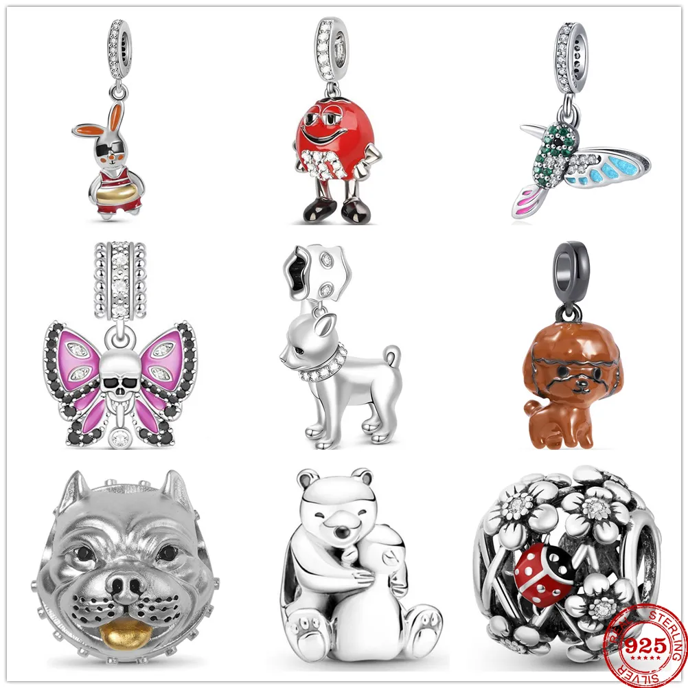 925 Sterling Srebrny Dangle Charm Rabbit Butterfly Pendant Koraliki koraliki Fit Pandora Charms Bransoletka DIY Akcesoria biżuterii