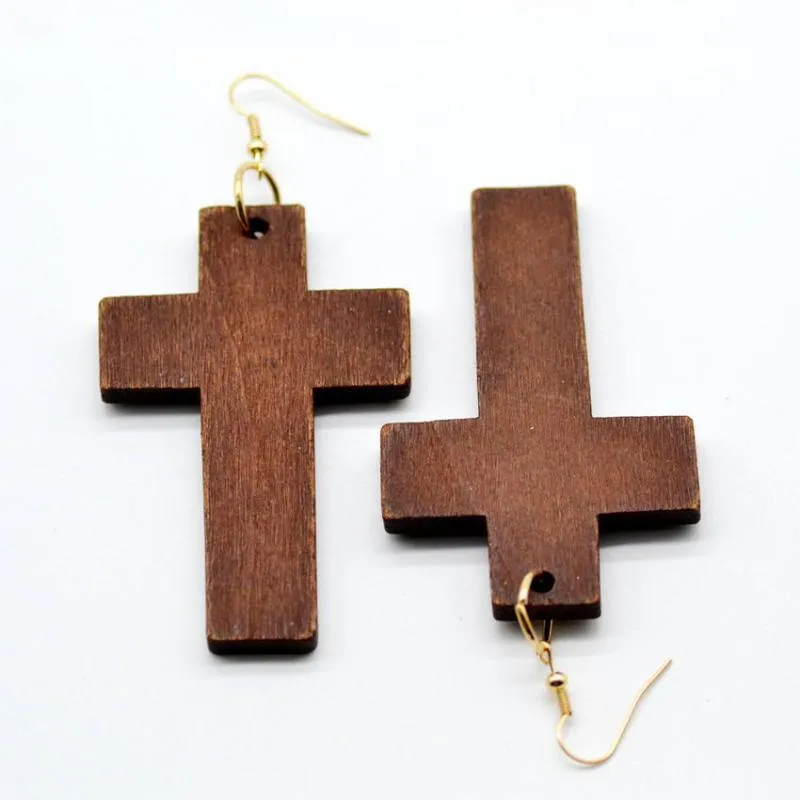 Boucles d'oreilles en forme de croix en bois naturel pour femmes, lustre suspendu, bijoux de foi à la mode, Whole270t