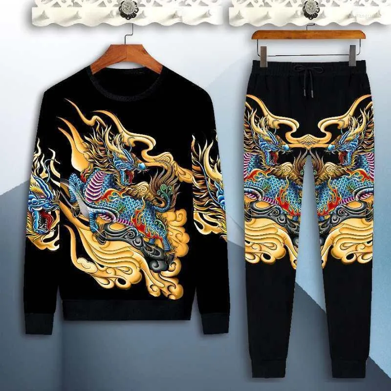 Survêtements pour hommes automne et hiver à manches longues costume deux pièces 3D Style chinois coloré Dragon loisirs Sports