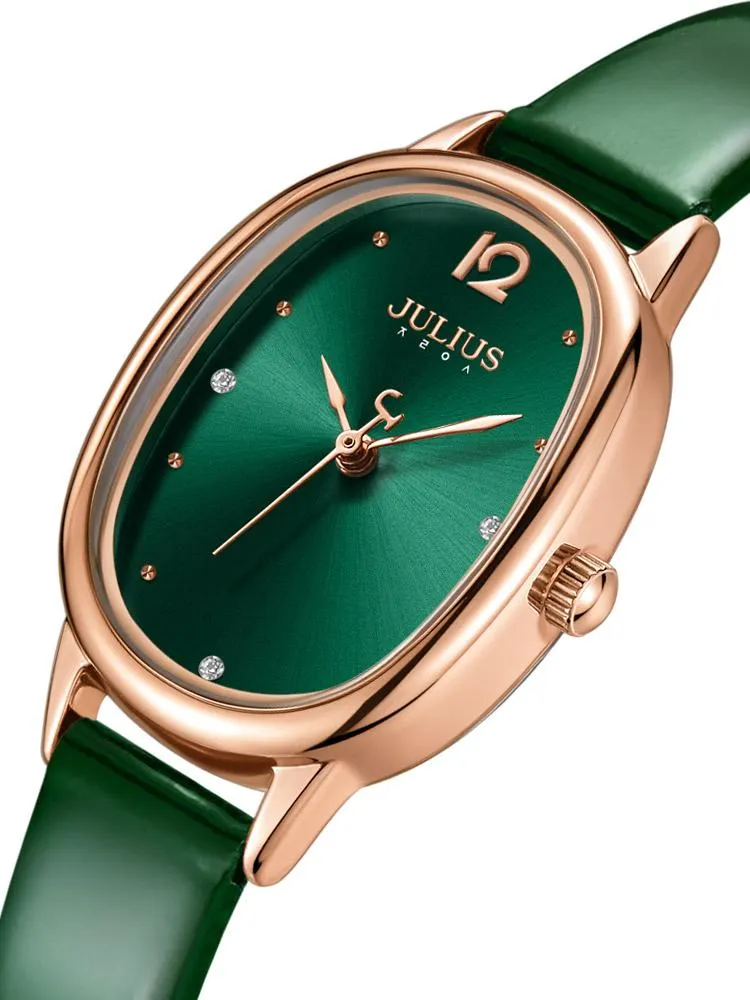 Montres-bracelets mignon élégant vert montre pour femme japon Mov't dame heures Fine mode Bracelet en cuir véritable cadeau de fille Julius BoxWr