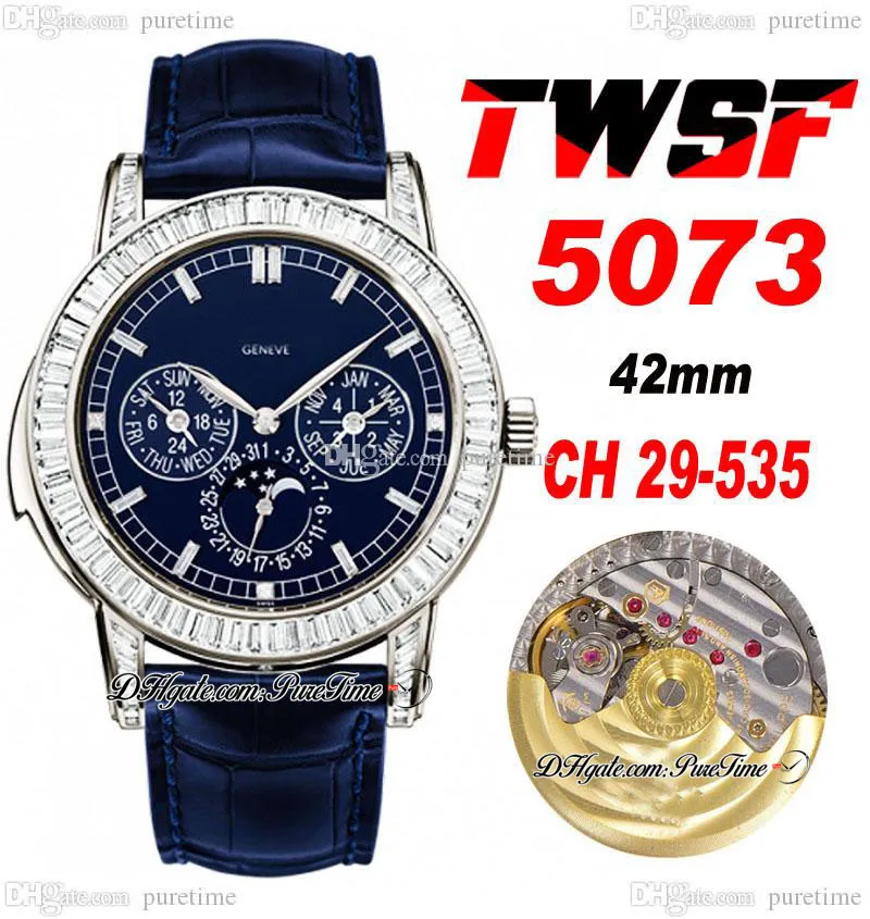 TWSF 5073 eeuwige kalender Moon Fase CH29-535 Automatische heren Watch-horloge verharde rechthoek Diamanten kas blauwe wijzerplaat diamantmarkeringen lederen riem super editie puretime lederen