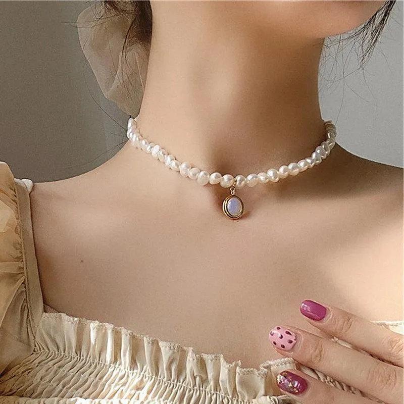 Pendanthalsband vsnow Vintage Moonstone Natural Freshwater Pearl Necklace Baroque For Women Round Chokers smycken