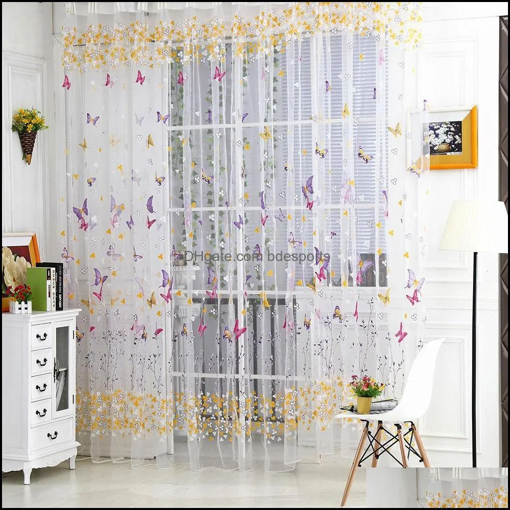 Butterfly Tulle Voile Window Curtains Door Room Balcony Sheer Panel Curtain Sheer Curtains