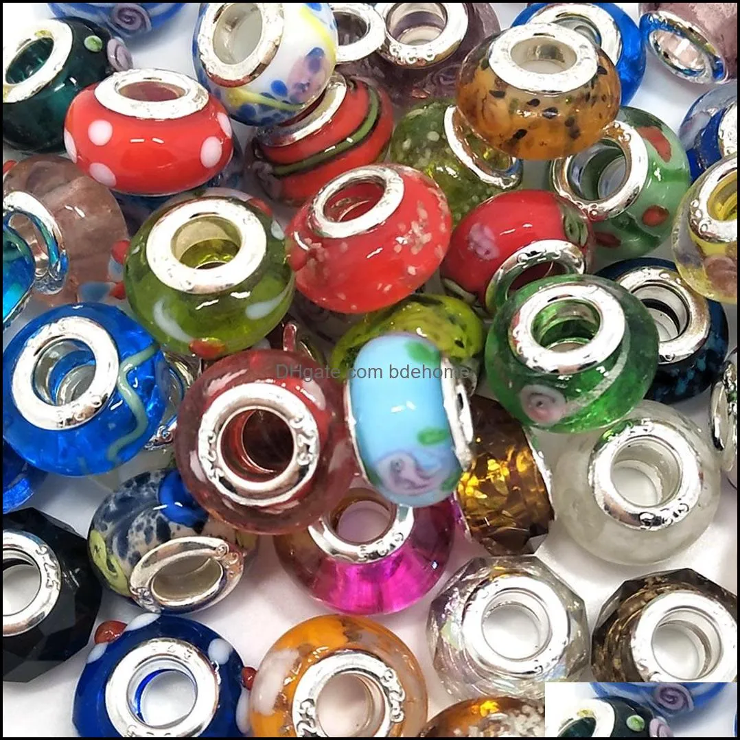 Brand New Mix Styles Glass 925 stering cord big hole loose beads fit European pandora jewelry Diy bracelet charms 50pcs per lot