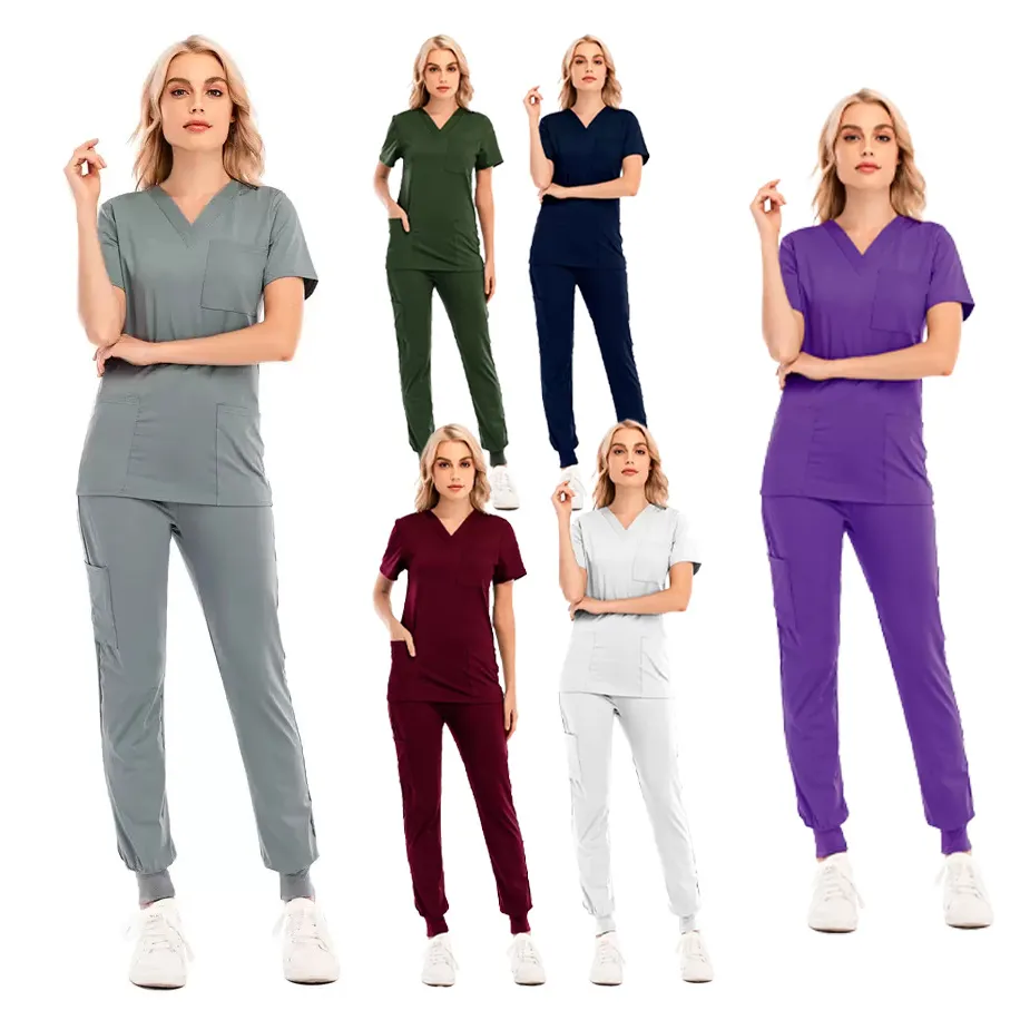 YL038 Grey's Anatomy Hospital Uniform Beauty Salon Women's Two Piece Solid Spa Threaded Clinic Work Suits Tops+Pants Unisex Scrubs Pet Nursing