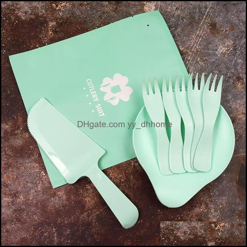 individually packaged disposable flatware plastic birthday cake 1 knife 5fork 5water-drop shape plate cutlery set bag pae10558